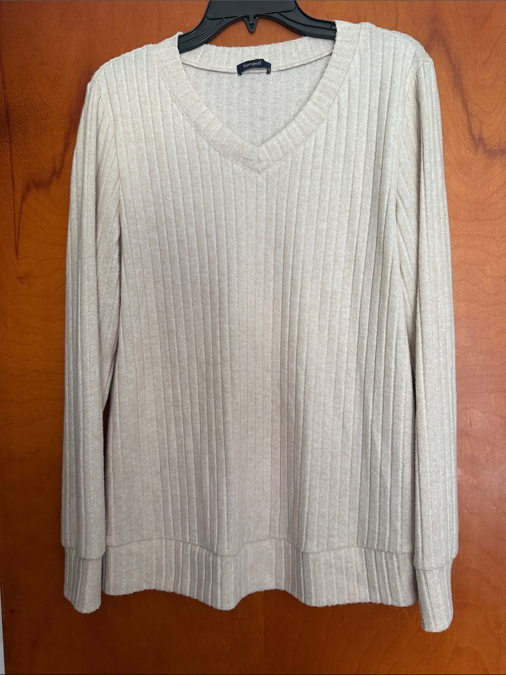 Cream Ribbed V-Neck Sweater